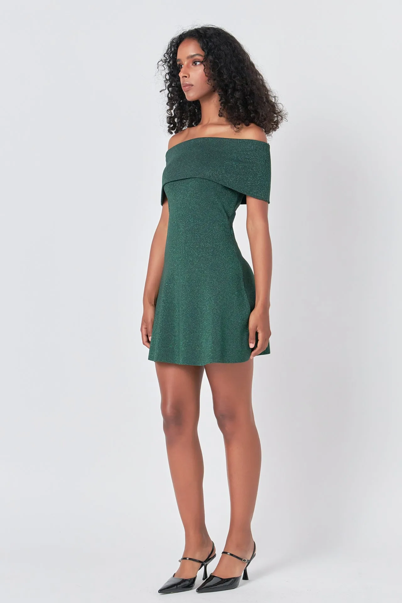 Off Shoulder Lurex Knit Mini Dress