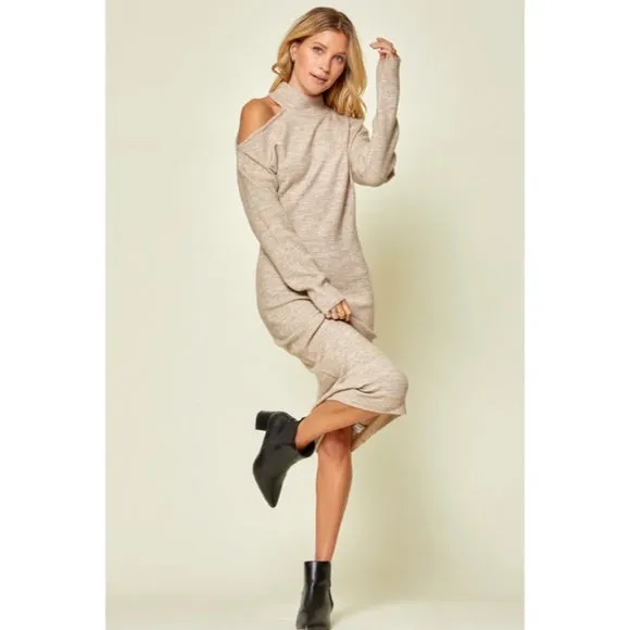 Oyster Cold Shoulder Knit Midi Sweater Stretchy Sexy Dress Womens