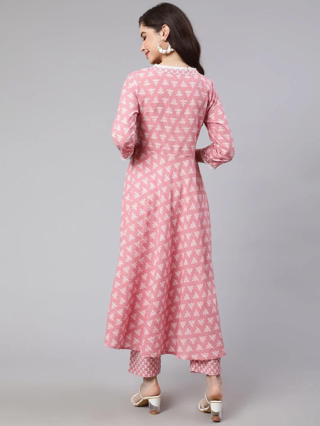 Pink Ethnic Print Embroidered Flared Kurta With Printed Palazzo