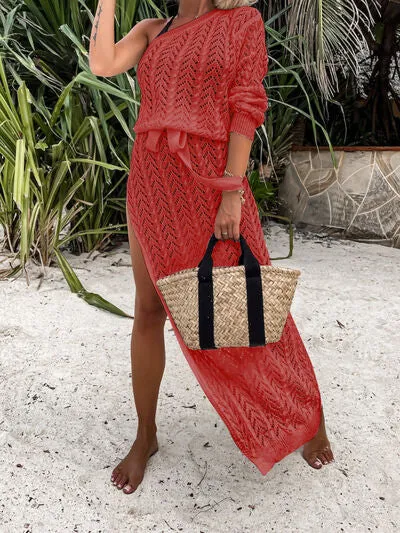 SLIT OPENWORK SINGLR SHOULDER KNIT DRESS