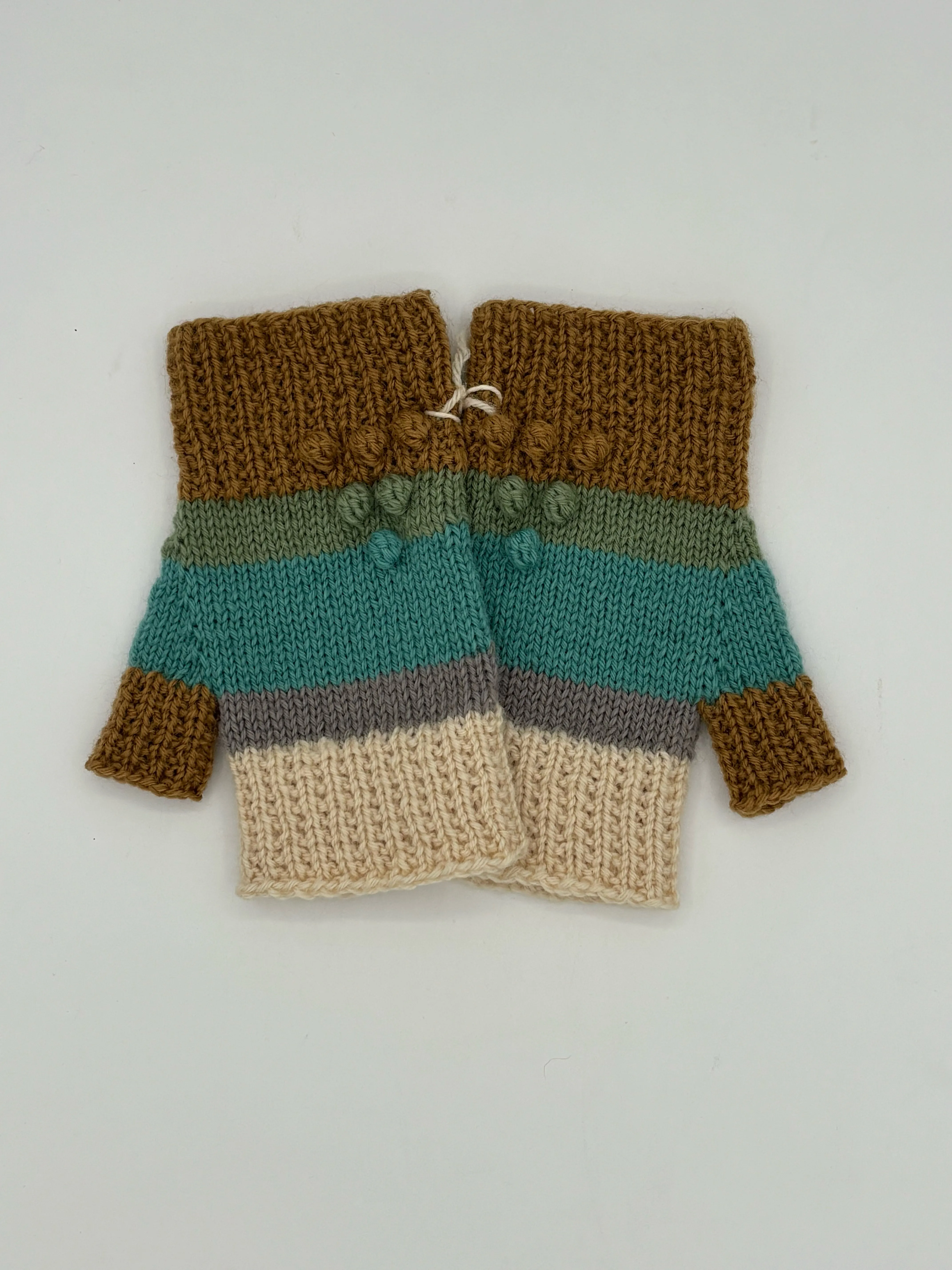 S/M Wool Multi Color Block Knit Fingerless Gloves with Bobbles