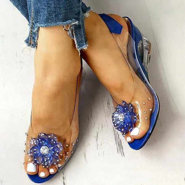Sohiwoo Clear Slingback Flower Rhinestone Sandals