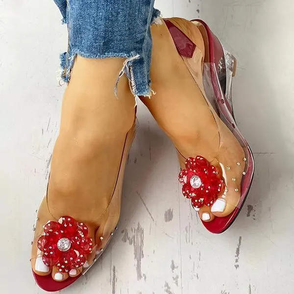 Sohiwoo Clear Slingback Flower Rhinestone Sandals