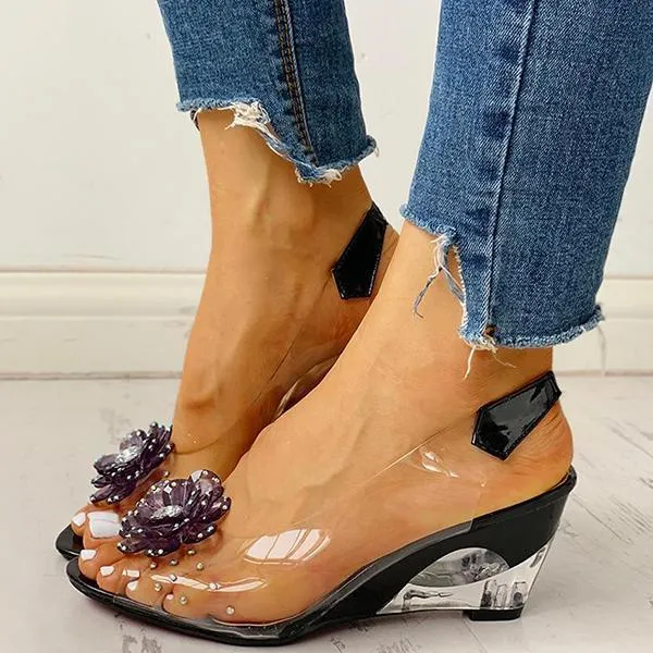 Sohiwoo Clear Slingback Flower Rhinestone Sandals