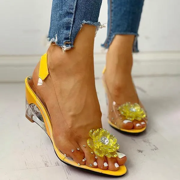 Sohiwoo Clear Slingback Flower Rhinestone Sandals