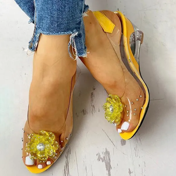 Sohiwoo Clear Slingback Flower Rhinestone Sandals