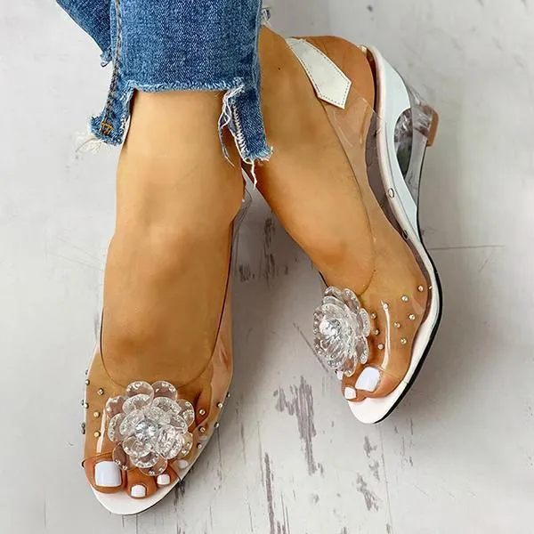 Sohiwoo Clear Slingback Flower Rhinestone Sandals