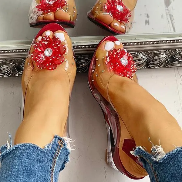 Sohiwoo Clear Slingback Flower Rhinestone Sandals