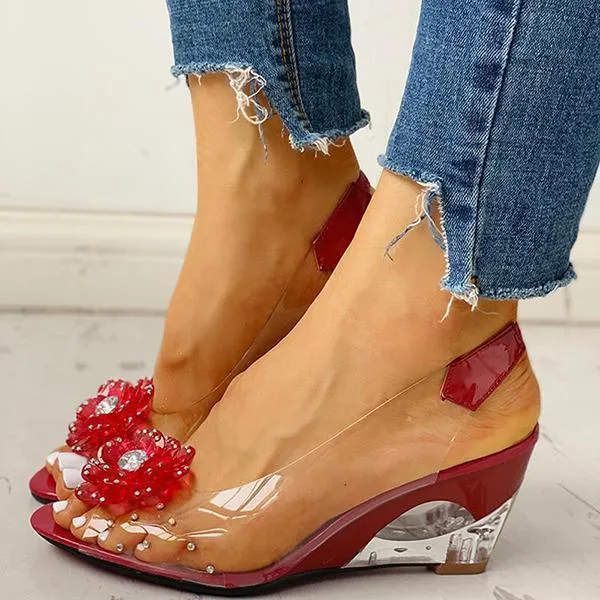 Sohiwoo Clear Slingback Flower Rhinestone Sandals