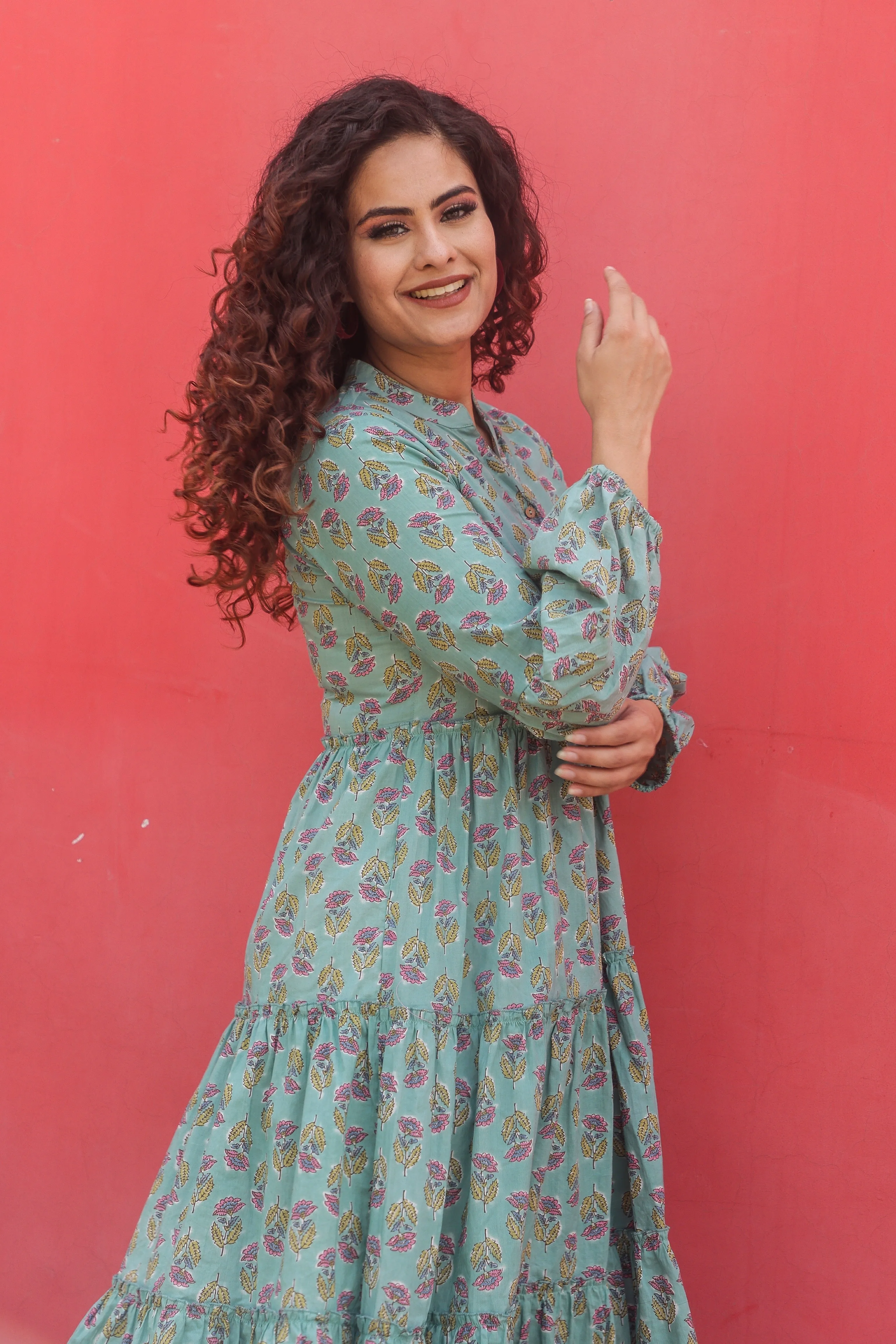 Teal Block Print Floral Cotton Maxi Dress