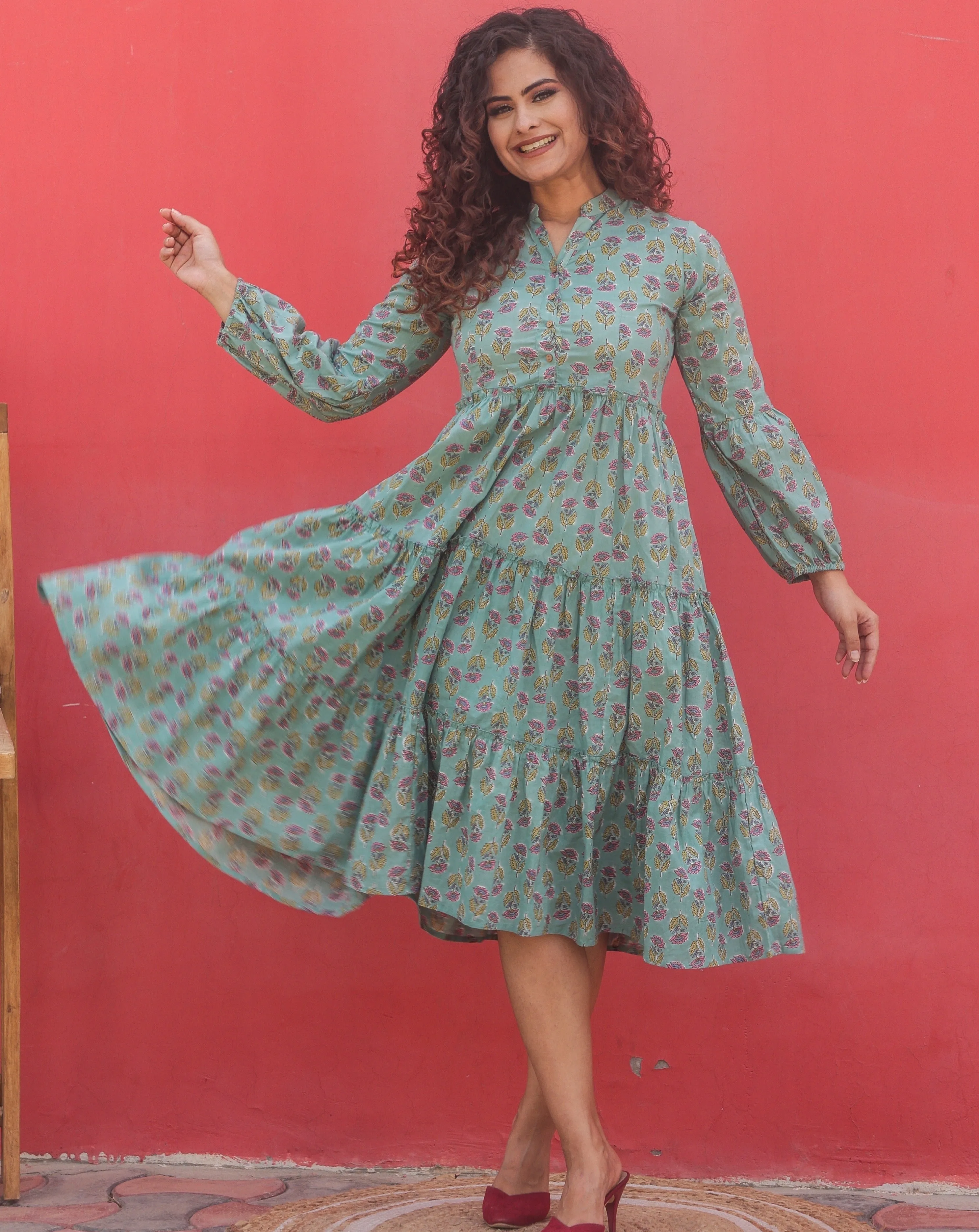 Teal Block Print Floral Cotton Maxi Dress