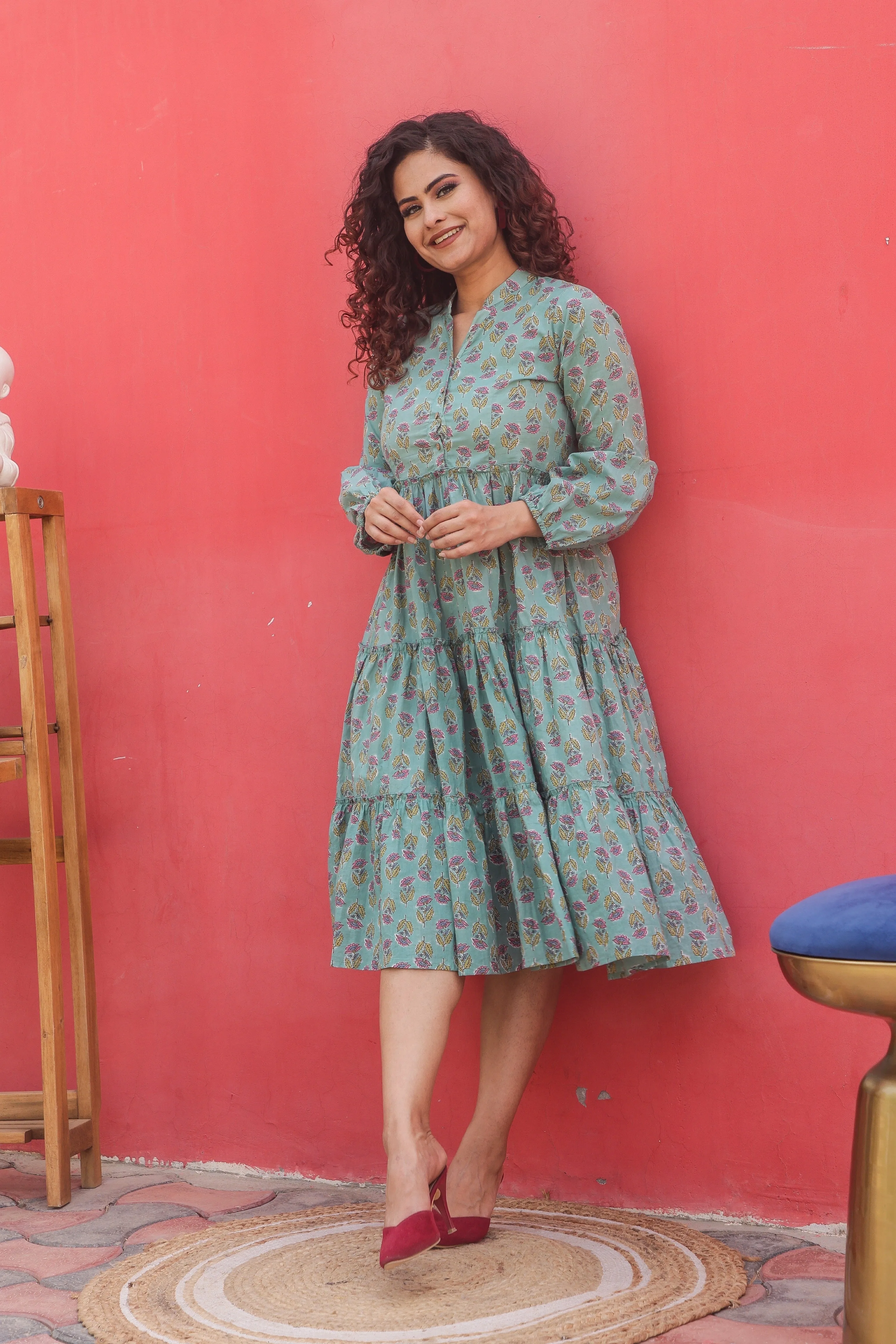 Teal Block Print Floral Cotton Maxi Dress