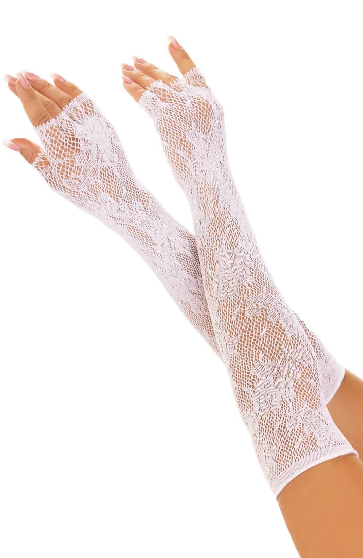 White floral net fingerless gloves