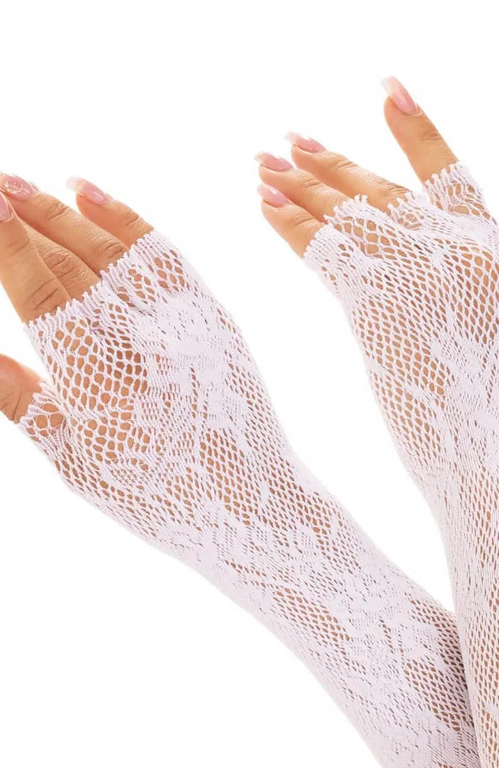 White floral net fingerless gloves
