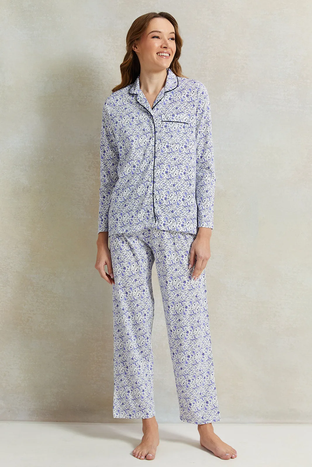 Women Blue Cotton Classic Pyjama Set (2 Piece)