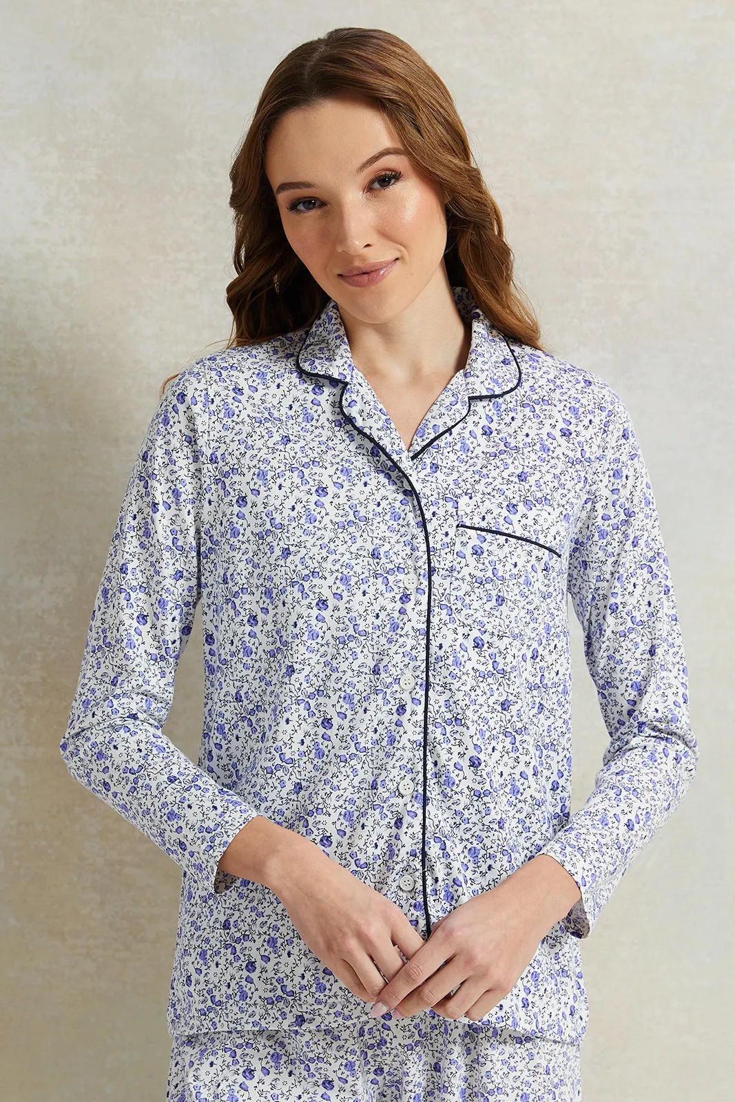 Women Blue Cotton Classic Pyjama Set (2 Piece)