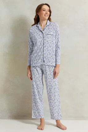 Women Blue Cotton Classic Pyjama Set (2 Piece)