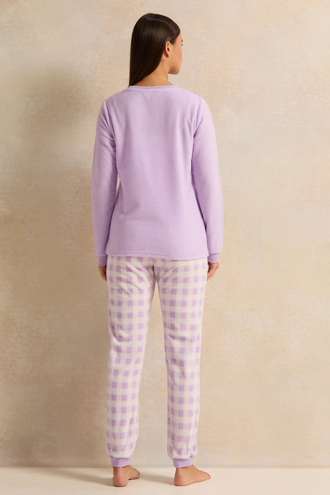 Women Lilac And White Checkered Pajama Set (2 Piece)