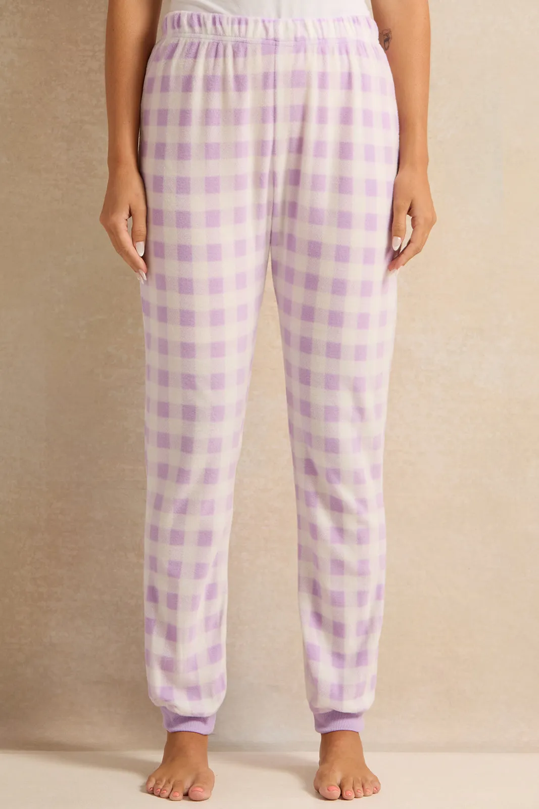 Women Lilac And White Checkered Pajama Set (2 Piece)