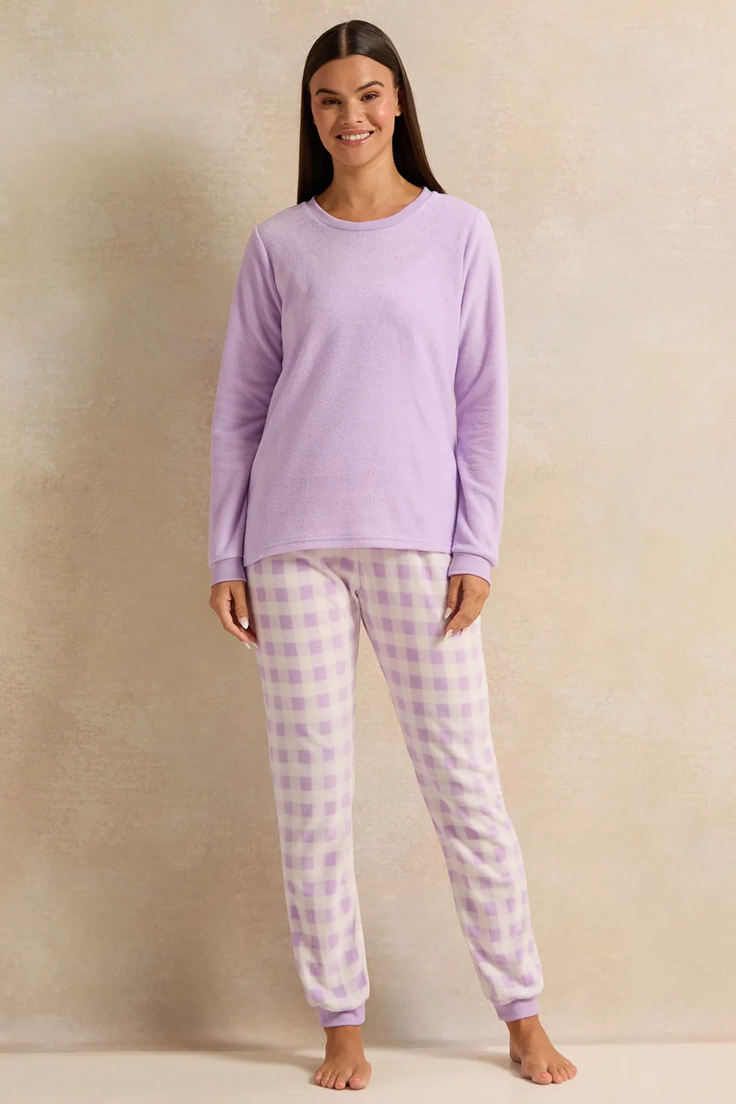 Women Lilac And White Checkered Pajama Set (2 Piece)