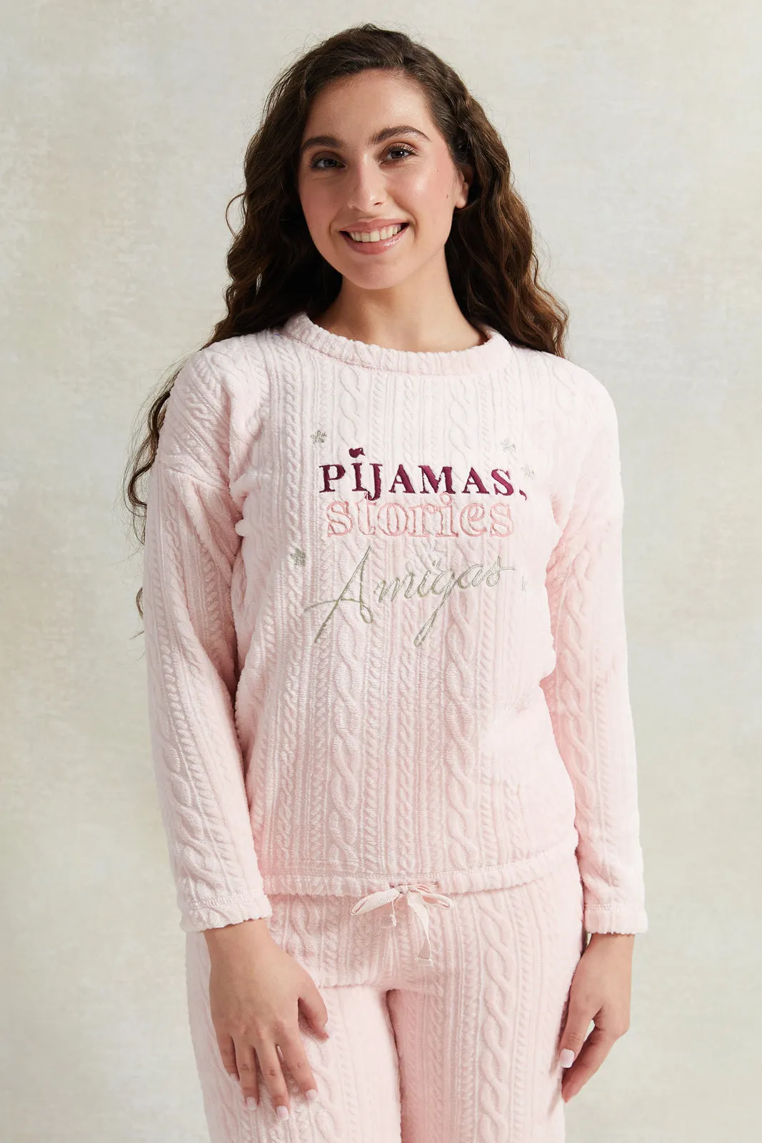 Women Pink Fleece Fashion Pyjama Set (2 Piece)