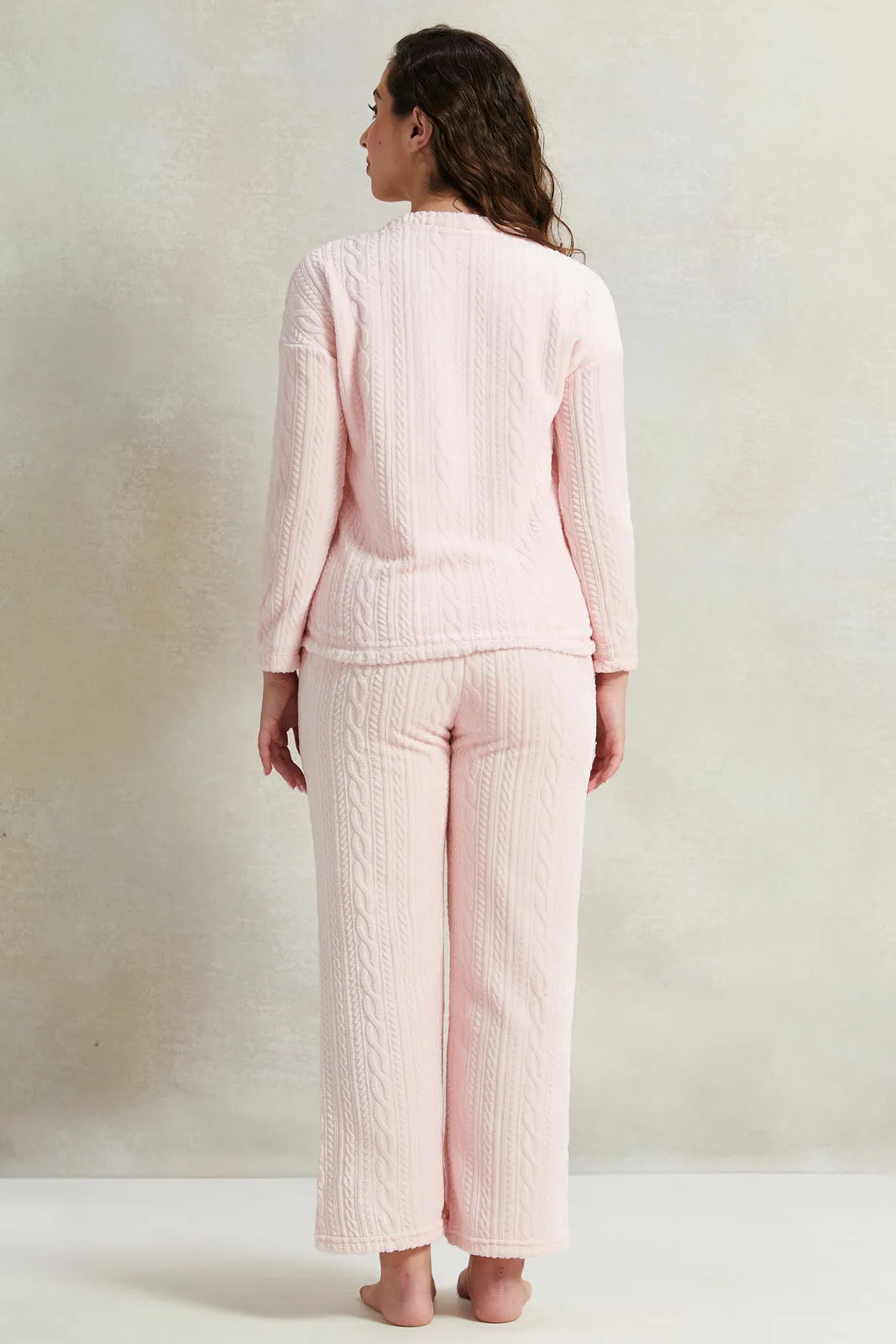 Women Pink Fleece Fashion Pyjama Set (2 Piece)