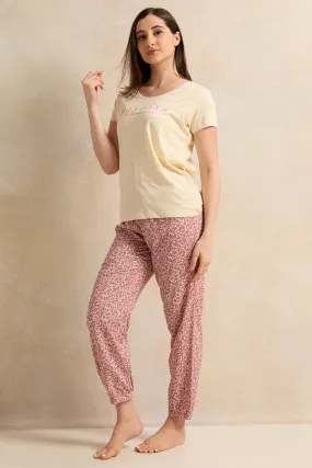 Women Yellow And Pink Printed Pyjama Set (2 Piece)