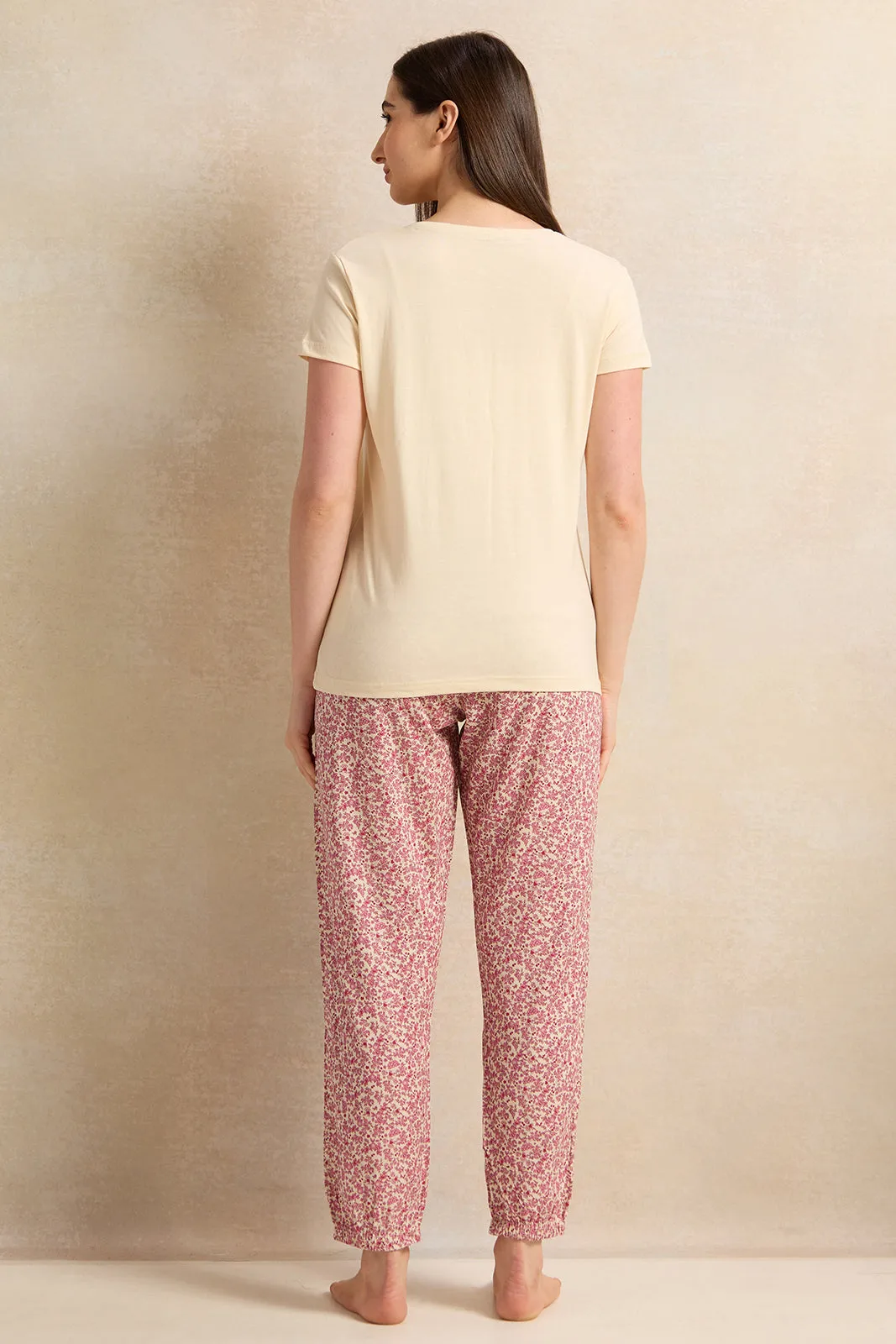 Women Yellow And Pink Printed Pyjama Set (2 Piece)